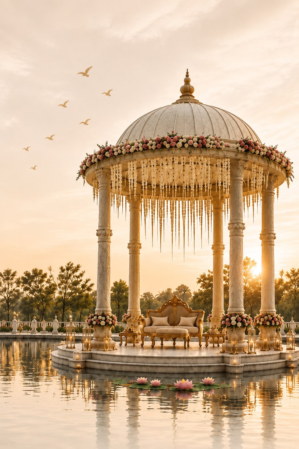 Domed wedding gazebo draped in floral garlands beside a lotus pond at sunset